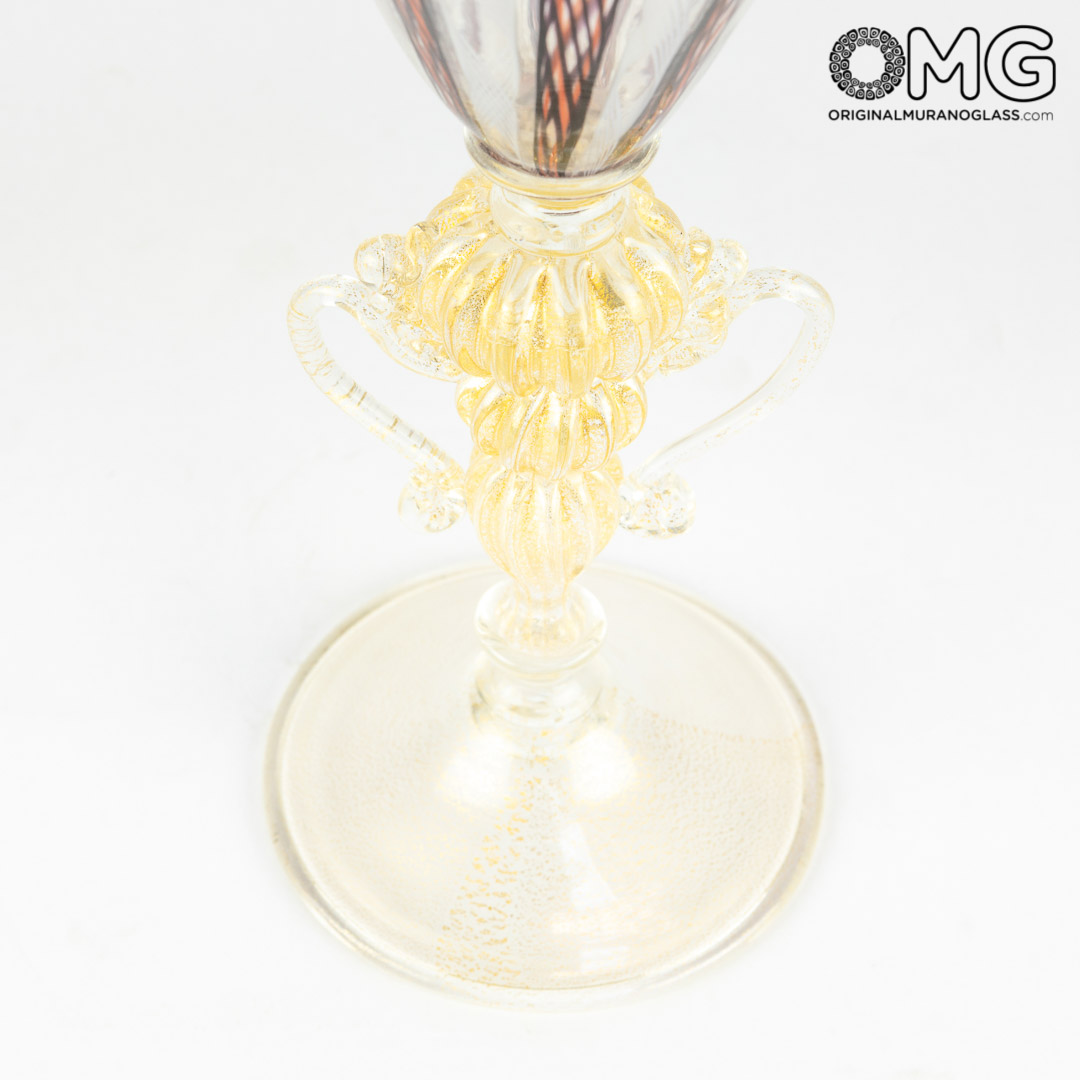3435 ORIGINALMURANOGLASS Венецианский бокал Бордовая филигрань с фигурной ножкой - муранское стекло OMG 10 см  - Вид №1