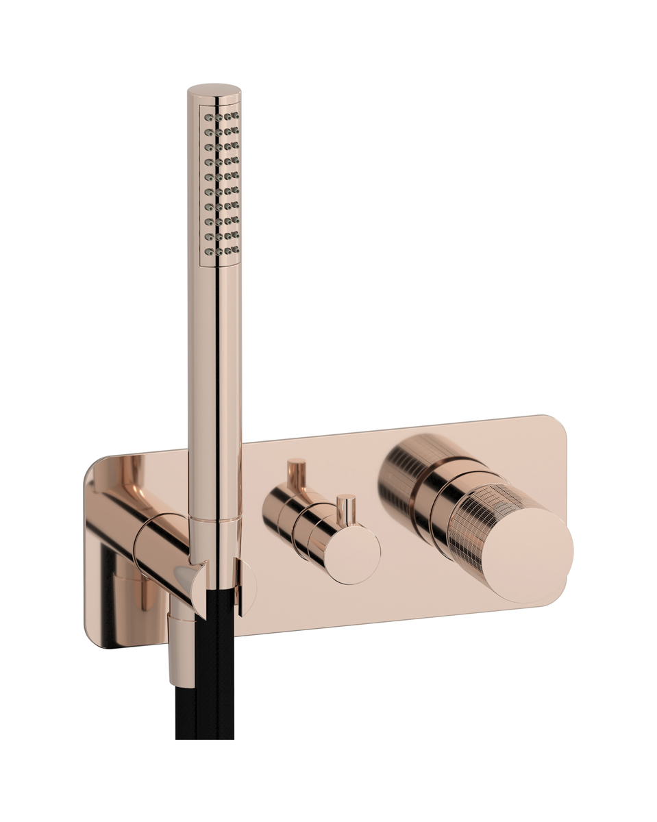 Внешние части встроенного в стену смесителя на 2 потребителя в комплекте с душевым гарнитуром. WE ARE IB ga313rs Rose Gold Gatsby