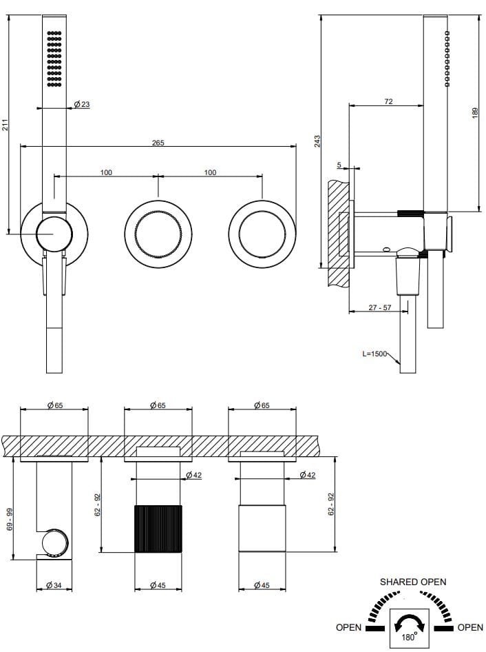 Смеситель для душа с 3 отверстиями из хромированной латуни Gessi Habito ARCH-00046162 - Вид №2