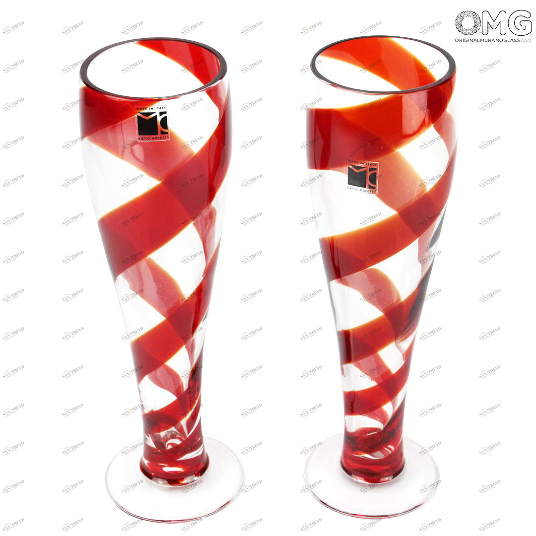 3012 ORIGINALMURANOGLASS Набор из 2 пивных бокалов Красные изгибы - Carlo Moretti - Original Murano Glass OMG 7 см 