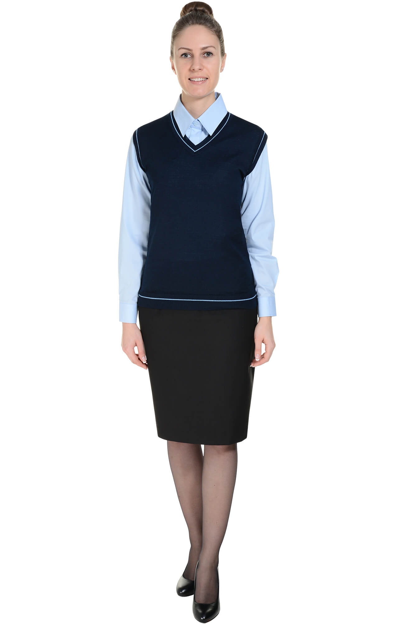 62525 Жилет трикотажный женский темно-синий с голубым  Одежда для официантов  размер 48-50 Спецодежда  - Вид №1