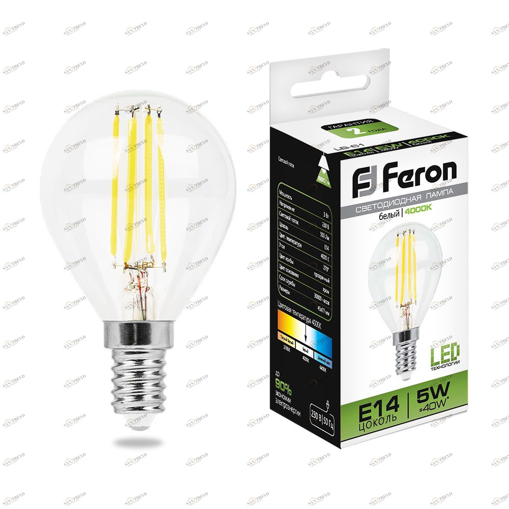 Лампа светодиодная Feron "Шарик" E14 5W 4000K LB-61 25579 FERON  00-3956778 Прозрачный 