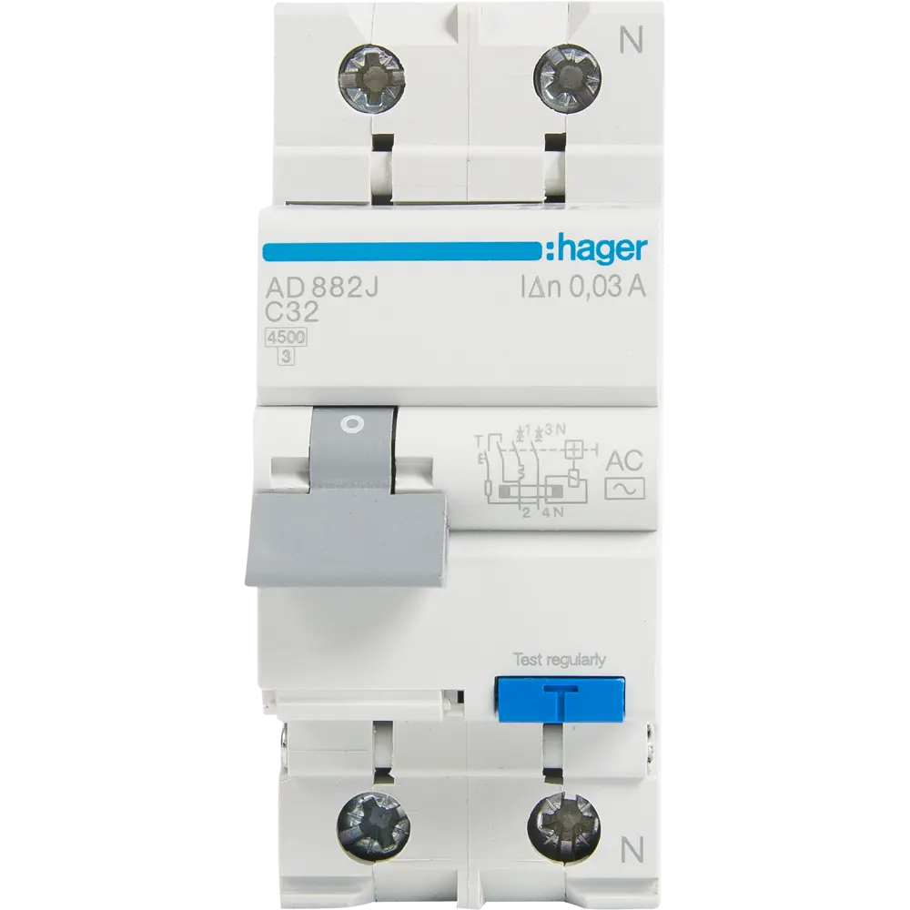 Дифференциальный автомат Hager AD882J 1P N C32 A 30 мА 4.5 кА AC STLM-2066851 - Вид №1