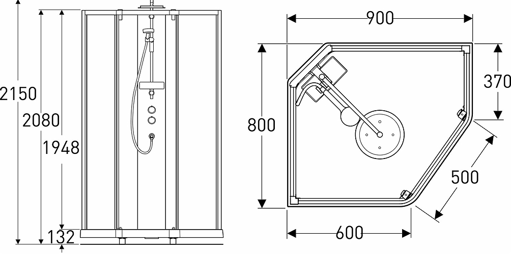 558.915.00.1 IDO Showerama 10-5 900x800 Pentagon Comfort, душевая кабина IDO Showerama в сборе с пятиугольным покрытием Comfort, пятиугольные алюминиевые профили / прозрачное стекло / матовое стекло сзади, 900X800 мм  - Вид №1