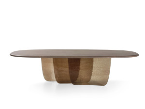 Обеденный стол с деревянным верхом и терракотовым стеклянным основанием