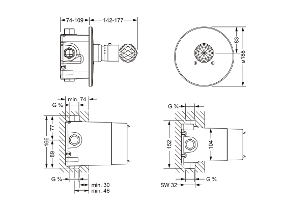 Термостат для душа скрытого монтажа ¾" JOERGER Florale Crystal 600.40.560.000-AA - Вид №1