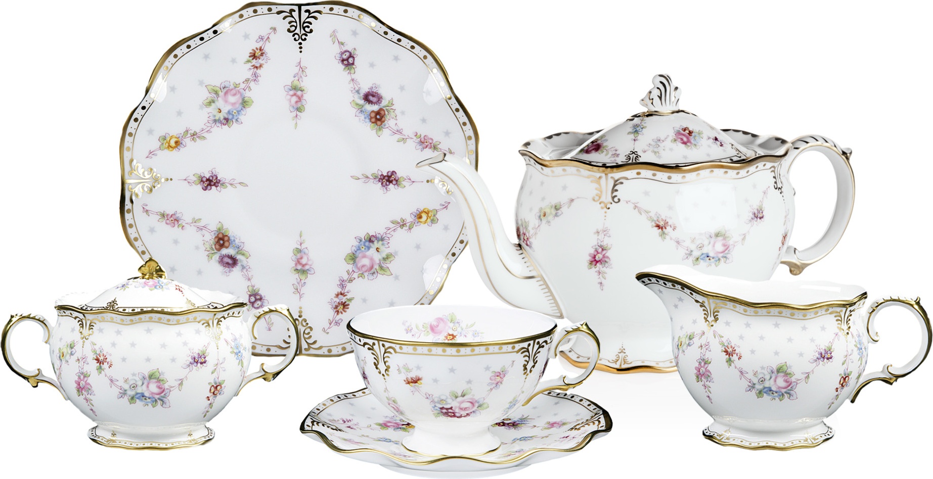 10676168 Royal Crown Derby Сервиз чайный Royal Crown Derby Роял Антуанетта на 6 персон 21 предмет, фарфор Фарфор костяной 