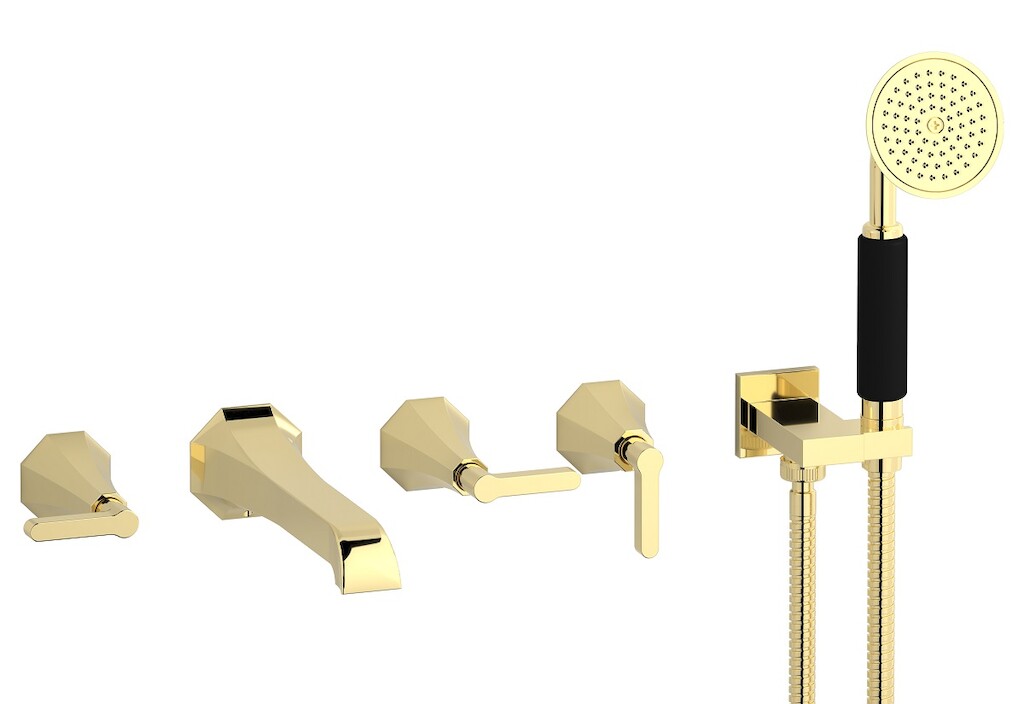 Настенный смеситель для ванной на 5 отверстий с дивертером и душевым гарнитуром. WE ARE IB bl398ii Pale Gold Belmondo 