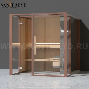 Effegibi LOGICAFILO S LO21030001 Сауна. Установка: к стене. Правая дверь. Мощность: 6 кВт макс. Размеры: длина 214 см, ширина 250 см. Отделка: канадский хемлок, Отделка: канадский хемлок, матовый лакированный коричневый аллюминий и темный ламинат из керам