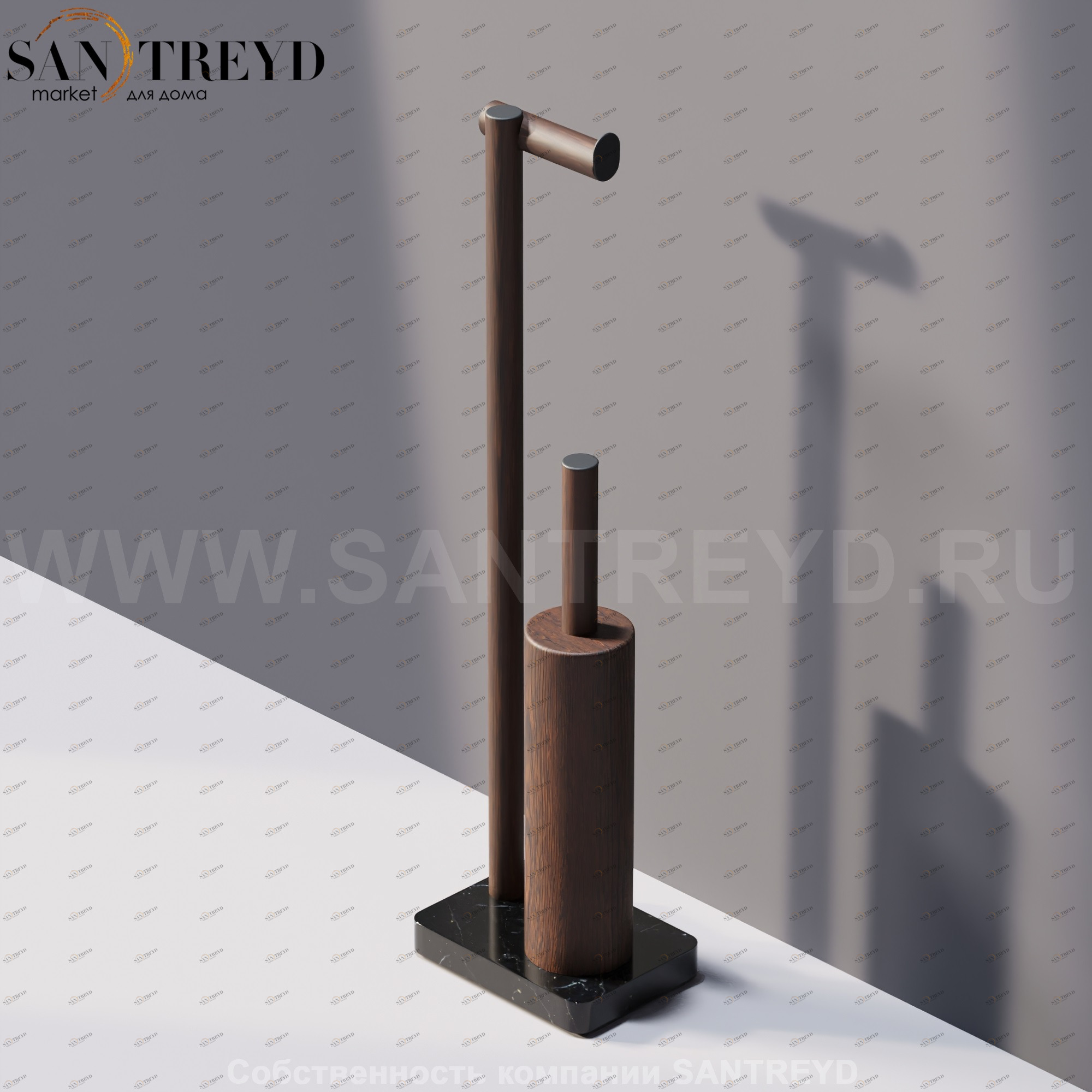 Agape DOT LINE Конструкция с функцией держателя для туалетной бумаги с туалетныи ершом под коричневый дуб на подставке из черного мрамора ADTL0460.RUN ADTL0460RUN