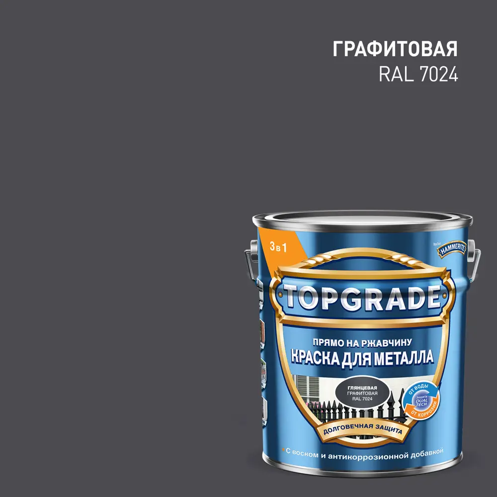Грунт-эмаль по металлу 3 в 1 Topgrade гладкая цвет графитовый 5 л STLM-2009835
