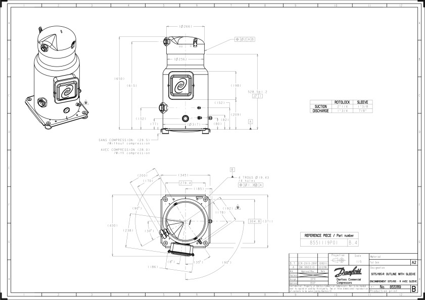 Danfoss SY — Герметичные спиральные компрессоры, R22, R134a, R407C SY185-4RI Компрессор спиральный SY185-4RI  - Вид №7