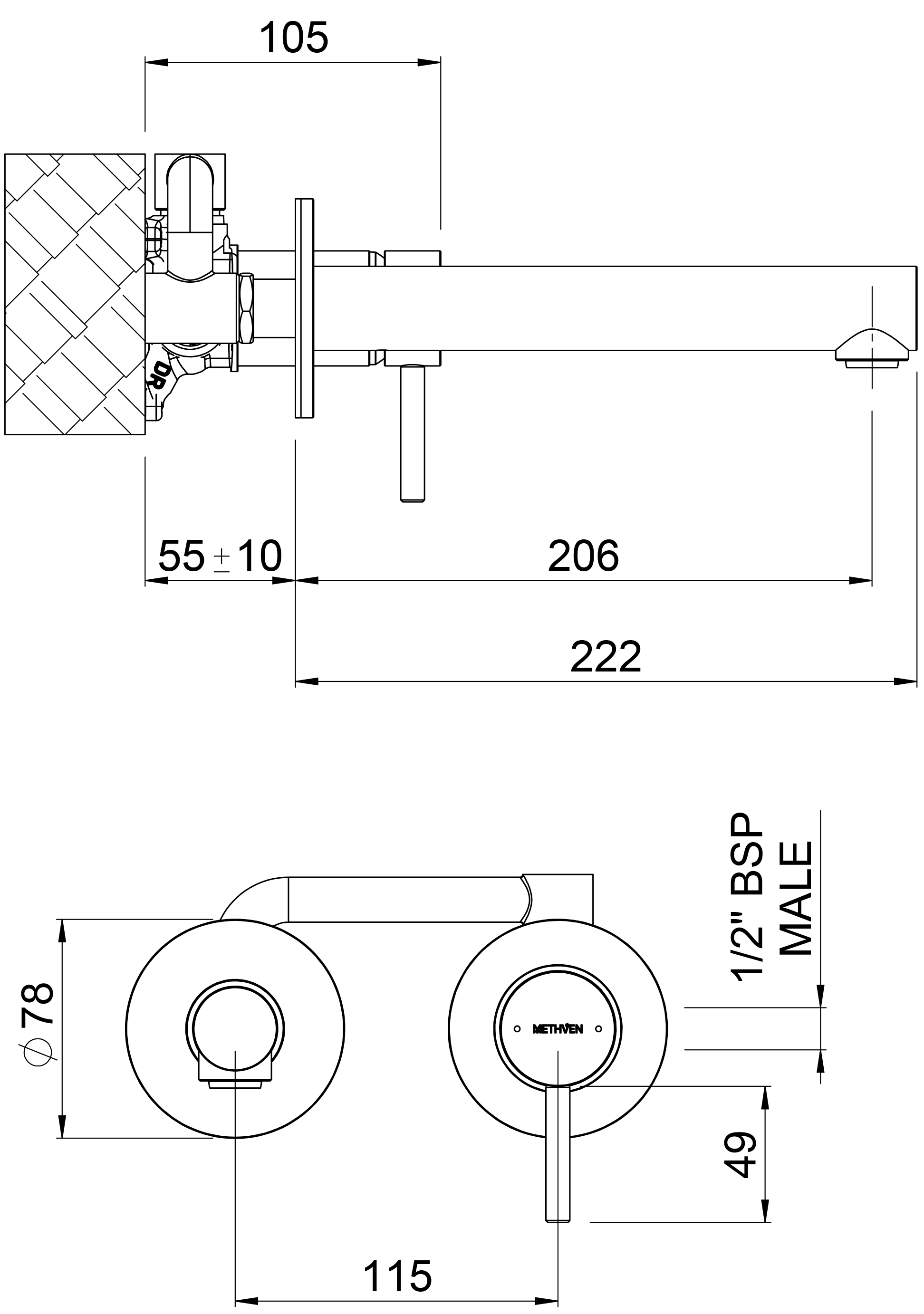 TUWBGM Смеситель для раковины настенный с изливом Turoa Methven Матовый металлический черный  - Вид №1