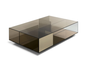 Стеклянный прямоугольный низкий журнальный столик с колесами