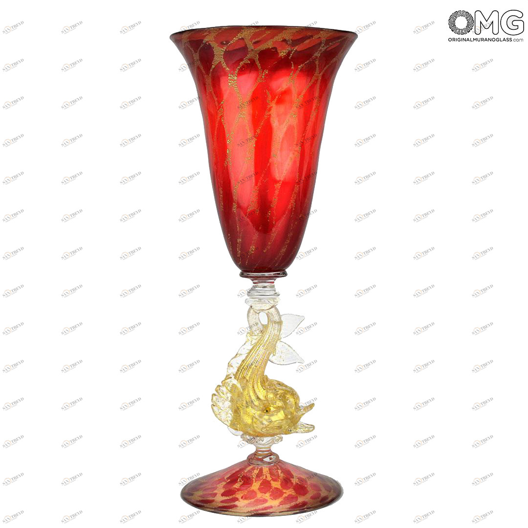 1935 ORIGINALMURANOGLASS Венецианский красный бокал c золотой рыбкой - муранское стекло 9 см 