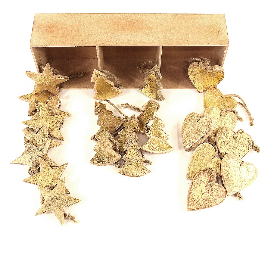 en_ny0021 Украшения подвесные golden stars/trees/hearts, деревянные, в подарочной коробке, 24 шт. EnjoyMe  - Вид №1