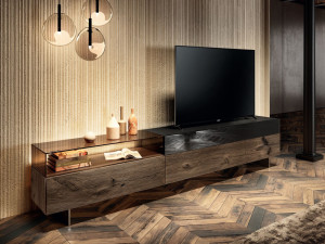 Деревянный и стеклянный шкаф для телевизора с ящиками