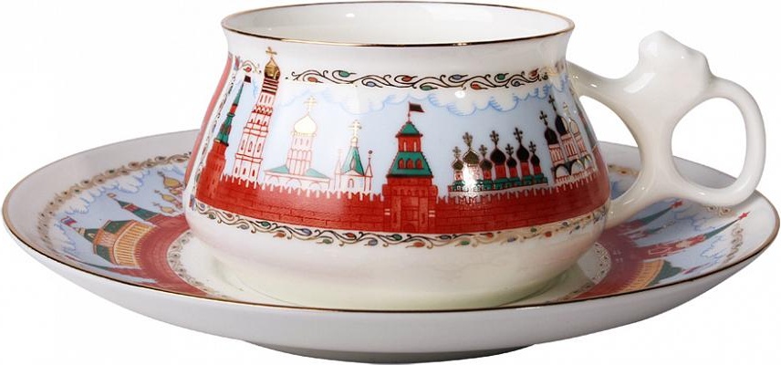 80282 Императорский фарфоровый завод Чашка с блюдцем "Московский Кремль" "Билибина" Фарфор костяной 