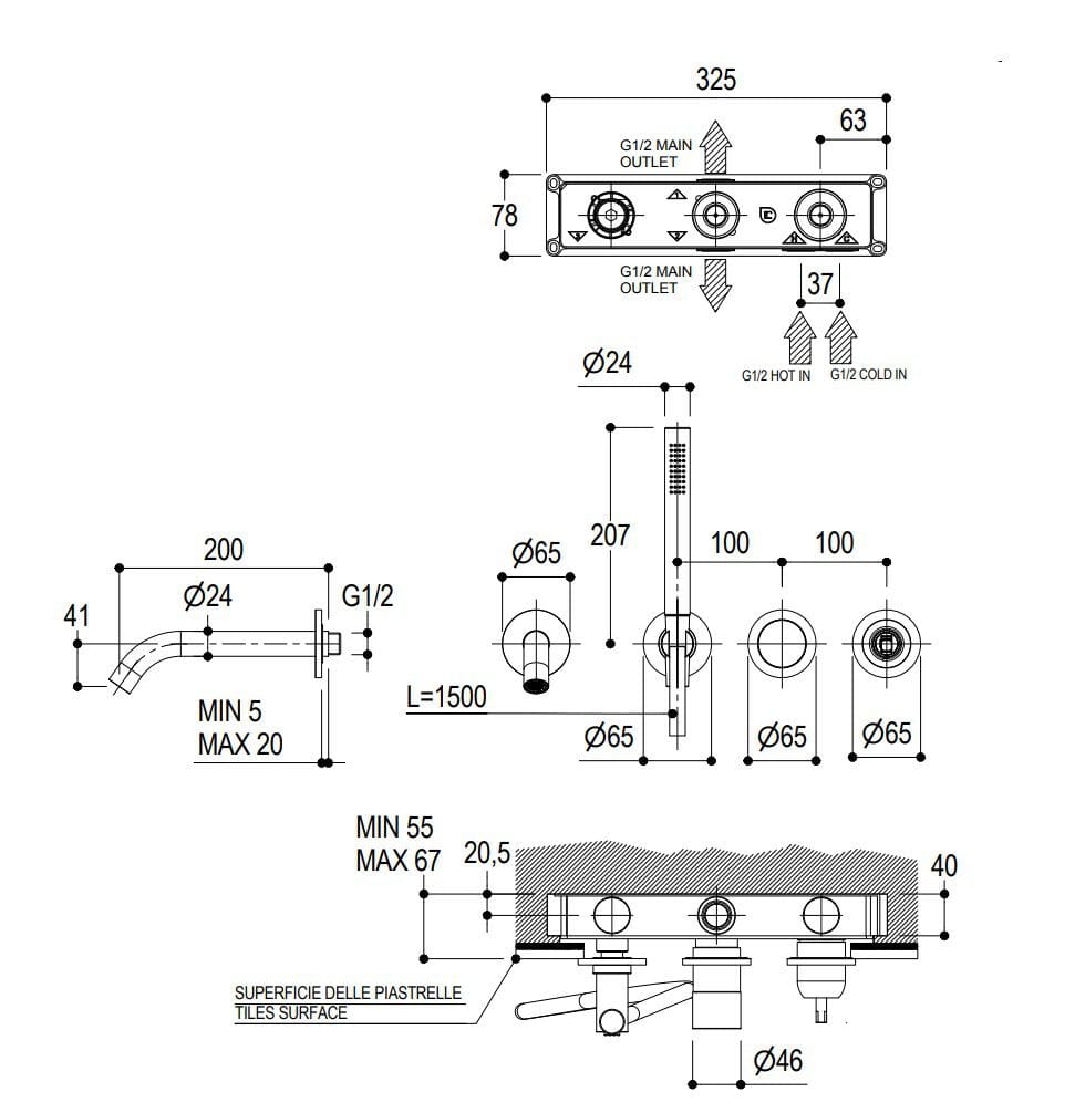 Однорычажный смеситель для ванны с ручным душем Ritmonio диаметр 35 отпечатков пальцев ARCH-00028025 - Вид №2