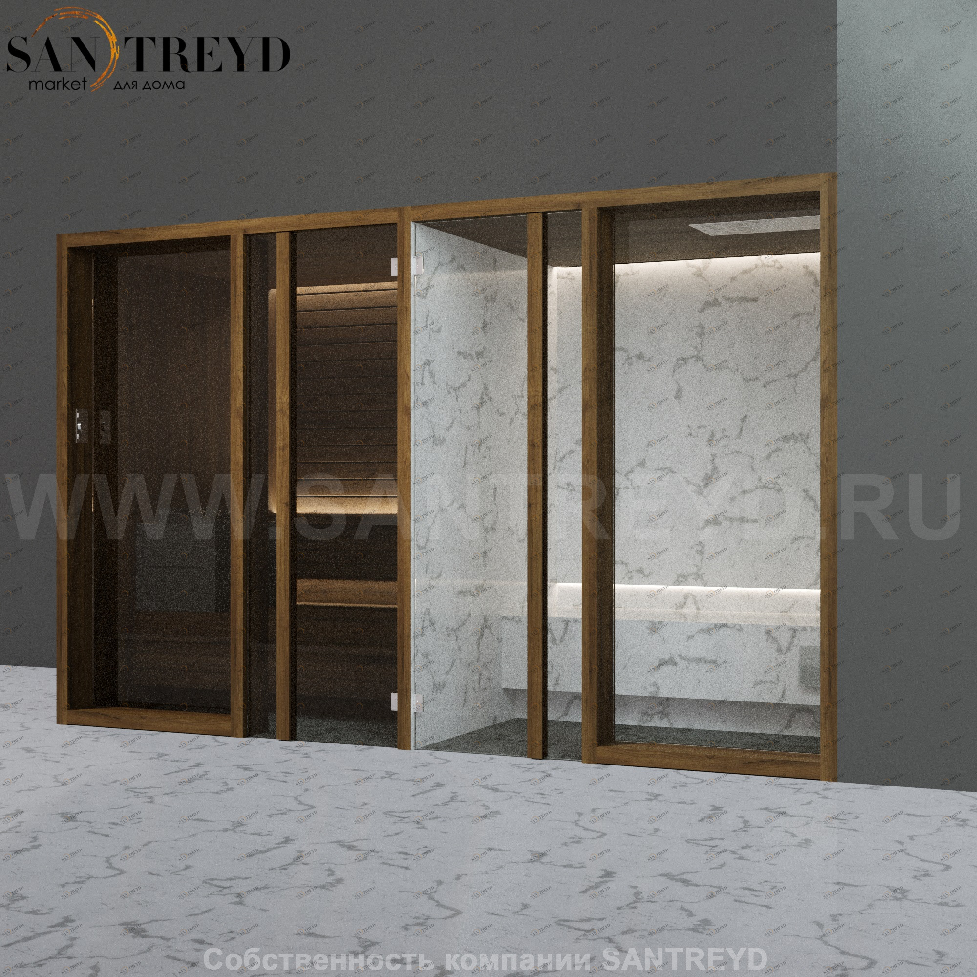 Effegibi YOKU.G SH YO.30310002 Комбинированная баня: хаммам и сауна. Установка: в правый угол. Мощность: 10,5 кВт макс. Размеры: длина 342 см, ширина 170 см. Отделка: чёрный орех и светлый керамогранит YO30310002