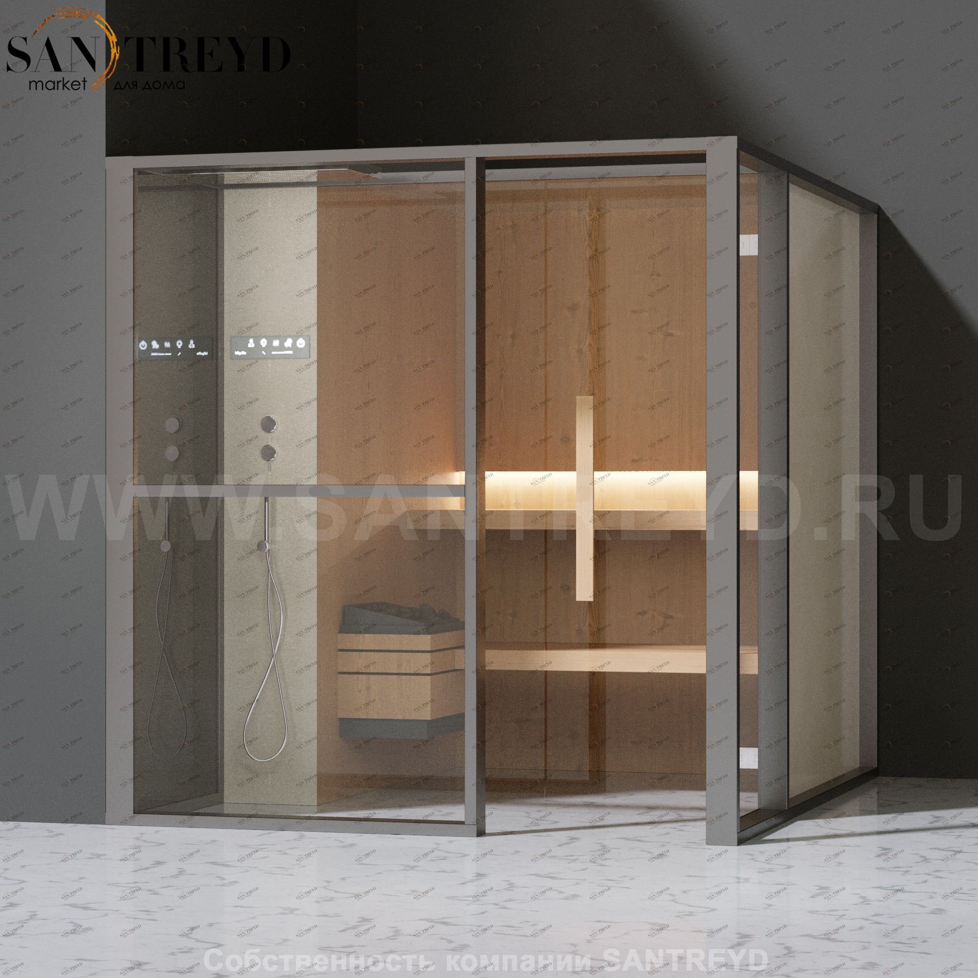 Effegibi LOGICAFILO S LO21010006 Сауна. Установка: в левый угол. Левая дверь. Мощность: 6 кВт макс. Размеры: длина 214 см, ширина 250 см. Отделка: канадский хемлок, матовый лакированный серый аллюминий и бежевый ламинат из керамогранита.