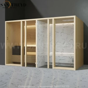 Effegibi YOKU.G SH YO.30110003 Комбинированная баня: хаммам и сауна. Установка: в левый угол. Мощность: 10,5 кВт макс. Размеры: длина 342 см, ширина 170 см. Отделка: осина термообработанная и светлый керамогранит