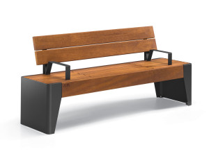 Стальная и деревянная скамья со спинкой с подлокотниками