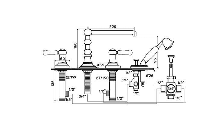 Набор для ванны с 4 отверстиями и ручным душем rvb 1935 Лимож ARCH-00027660 - Вид №2