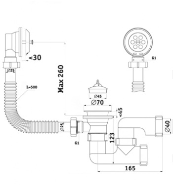 Сифон АНИ для ванны с выпуском, с переливом регулируемый 1 1/2" 40мм E250 АНИ пласт 7189 - Вид №1
