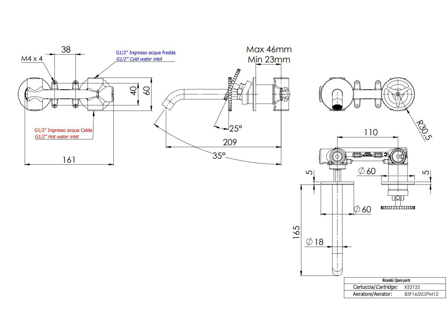 Настенный однорычажный смеситель для раковины Remer Rubinetterie Chrono ARCH-00029707 - Вид №2