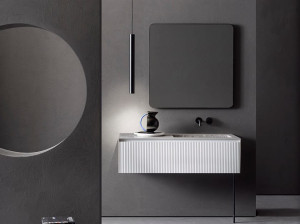 Одноместная раковина из керамогранита и дерева со встроенной раковиной