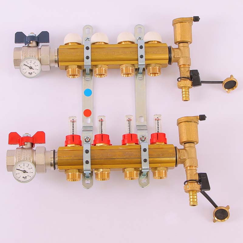 Коллекторная группа с кронштейнами, регулировочными и термостатическими вентилями TIEMME 1"1/4-3/4"EK 5 выходов 3870133