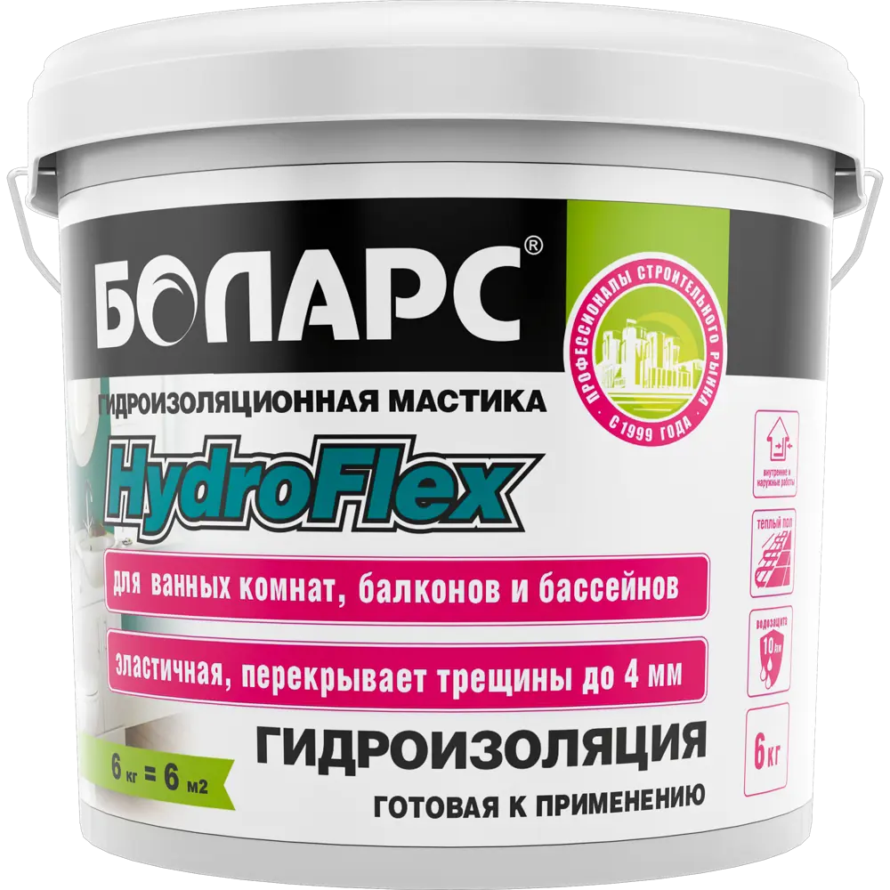 Гидроизоляционная мастика БОЛАРС HydroFlex для влажных помещений 6 кг 16843301