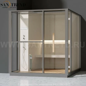 Effegibi LOGICA H LO30010014 Хаммам. Установка: в левый  полуугол. Левая дверь. Мощность: 4,5 кВт макс. Размеры: длина 214 см, ширина 250 см. Отделка: матовый лакированный серый аллюминий и бежевый ламинат из керамогранита.