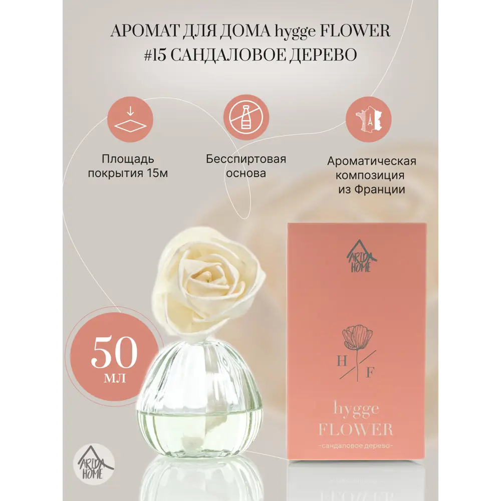 Ароматический диффузор Arida Home Hyggeflower 15 Сандаловое дерево 50 мл 89353737 STLM-2107884  - Вид №1