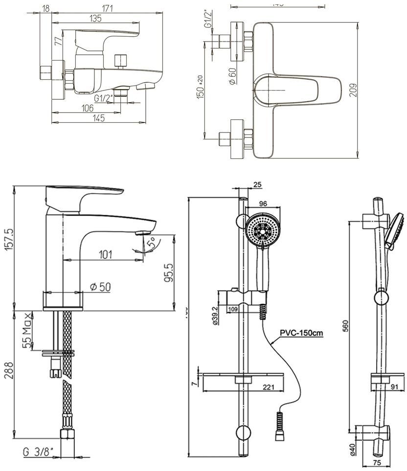 Paini Parallel 47CRKIT3 - 3 в 1 комплект для раковины и ванны со стойкой - Вид №3