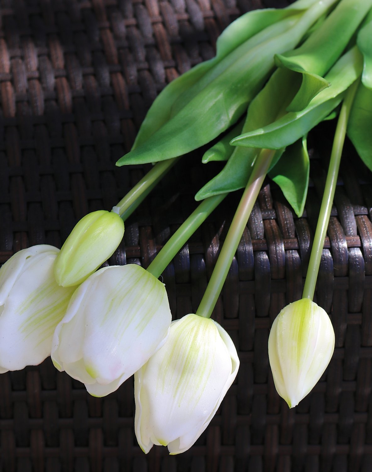 2944 708 a3 Букет искусственных тюльпанов, френч, смешанный, 5-кратный, 47 см, real touch, бело-зеленый H-andreas  - Вид №3