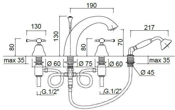 Rubinetteria Giulini Комплект для ванны с ручным душем на 4 отверстия Londra 7265 - Вид №1