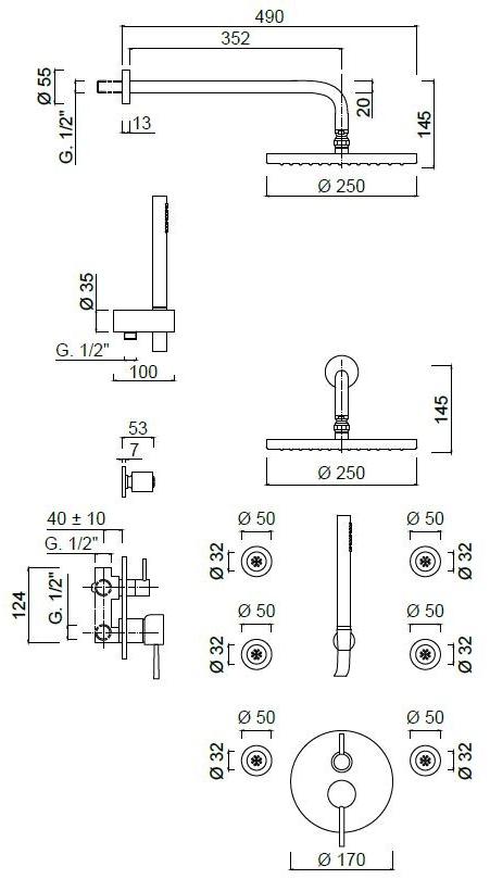 Rubinetteria Giulini Смеситель для душа в современном стиле с ручным душем с верхним душем Futuro F6513-3-25kbs - Вид №1