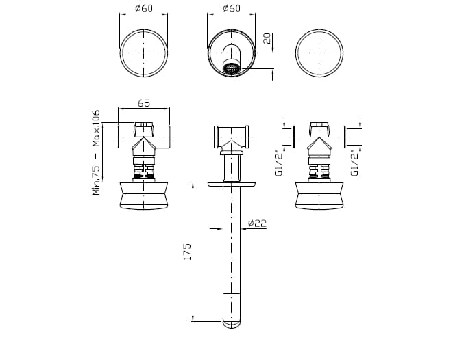 3 отверстия из нержавеющей стали настенный смеситель для раковины с аэратором Zucchetti Sablier ARCH-00050403 - Вид №2