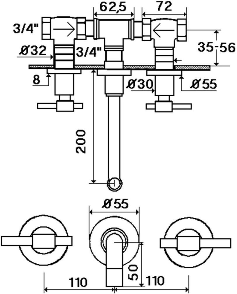 rvb Смеситель для умывальника настенный на 3 отверстия Dynamic 4027.11.51 - Вид №1