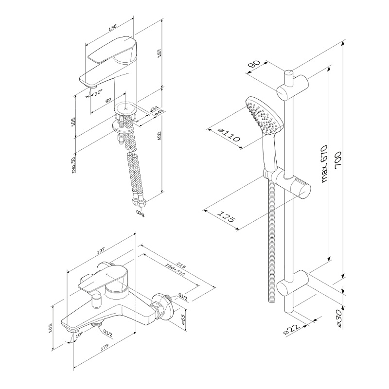 F42990A00 набор 3в1: см-ль д/умывальника см-ль д/ванны/душа душевой комплект черный шт. AM.PM Gem - Вид №2