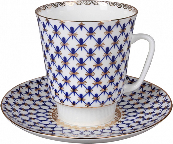 82408 Императорский фарфоровый завод Чашка с блюдцем "Кобальтовая сетка" "Майская" Фарфор костяной 