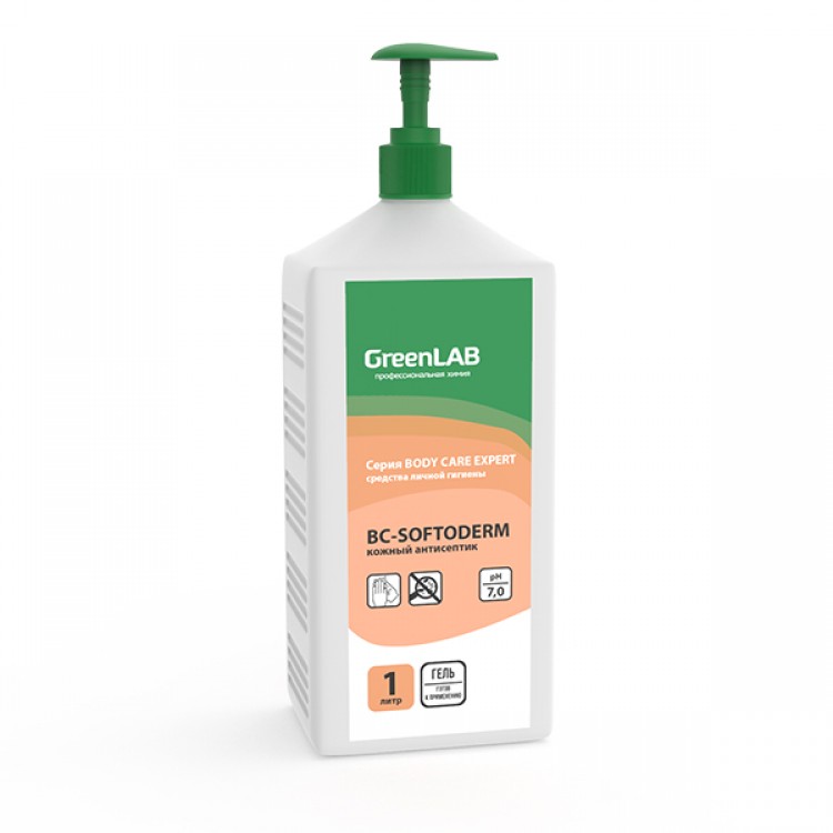 BCGD-321/1 GreenLAB BC - SOFTODERM GEL, 1 л, флакон с дозатором. Нейтральное дезинфицирующее средство (кожный антисептик) на основе изопропилового спирта 