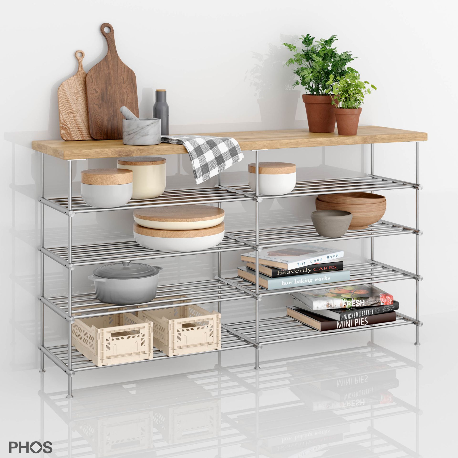 SBS1400-4-Eiche Сервант с дубовыми полками, 2 секции, 4 уровня, ширина 145 см PHOS  - Вид №4