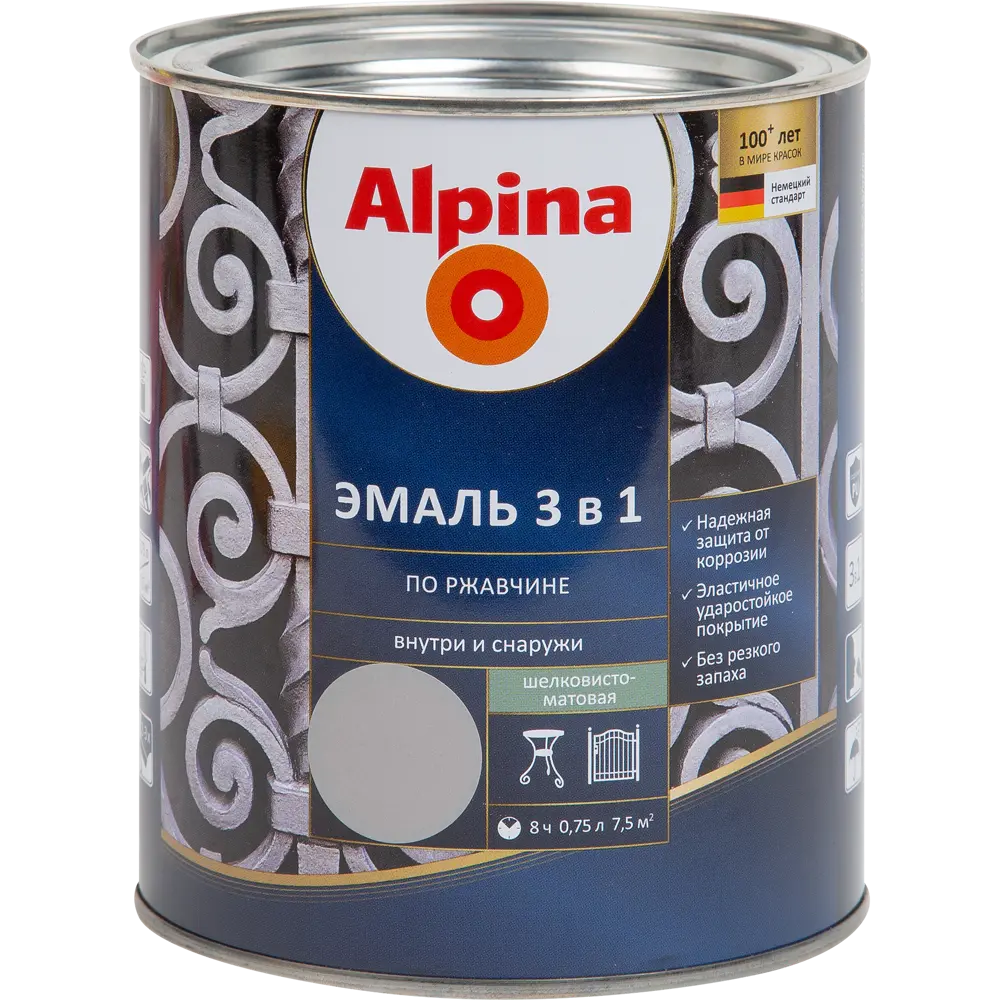 Грунт-эмаль по ржавчине 3 в 1 Alpina полуматовая цвет серый 0.75 л STLM-2078839