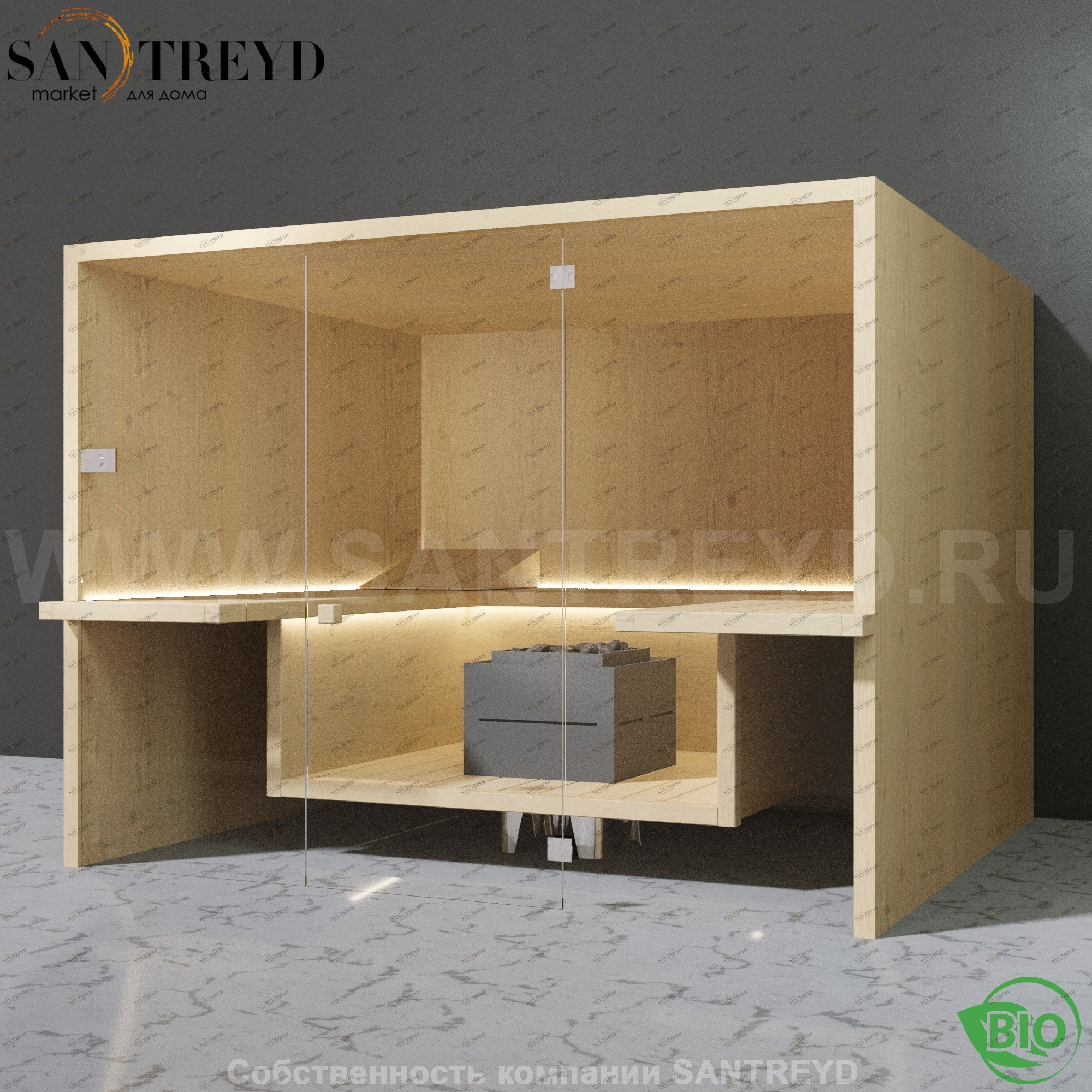 Effegibi AIR BI90120001 Био-сауна. Установка: к стене. Мощность: 12 кВт макс. Размеры: длина 283 см, ширина 252 см. Отделка: осина натуральная.