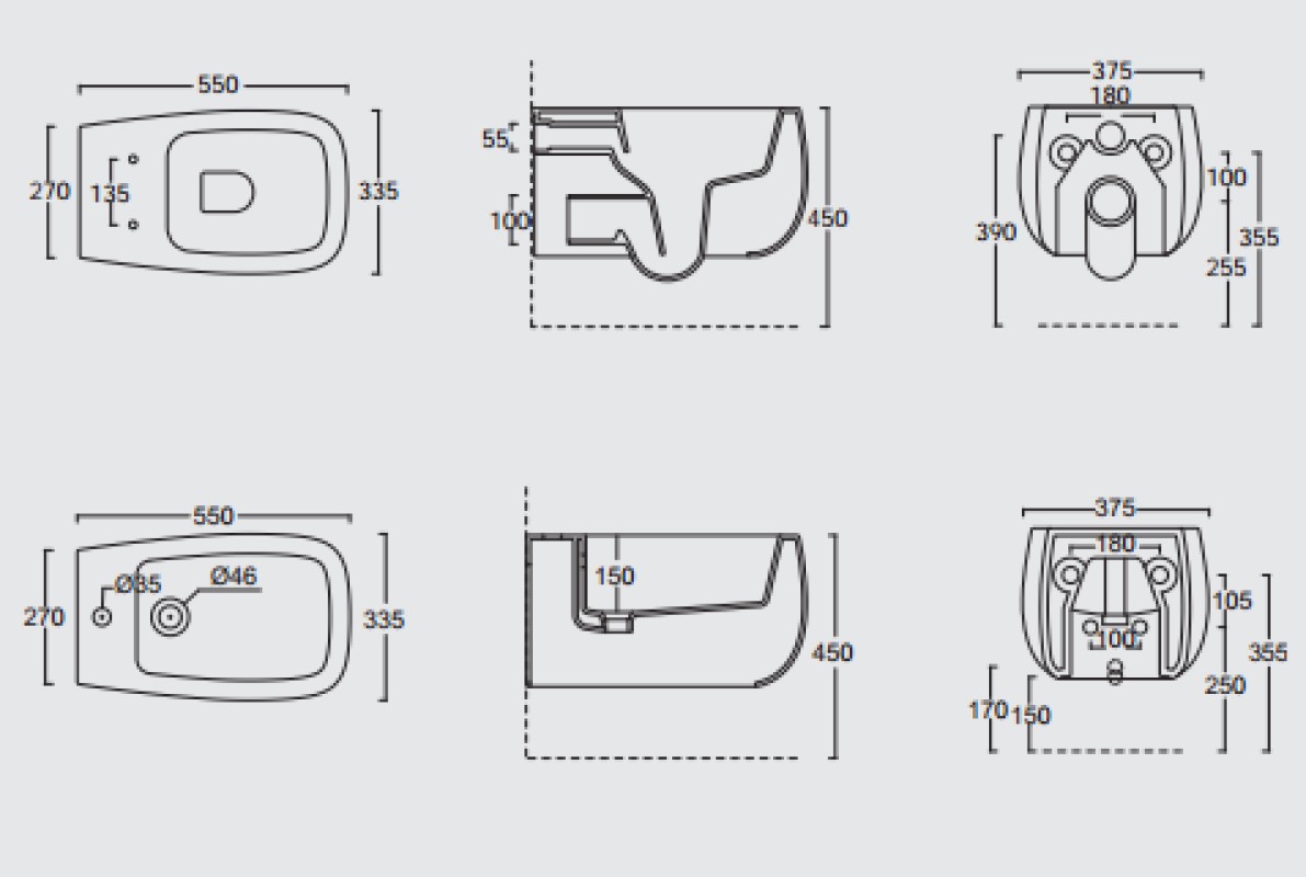 33120101.09 Подвесной унитаз 550х335х450 мм Alice Ceramica Nur безободковый выпуск в стену Белый матовый - Вид №11