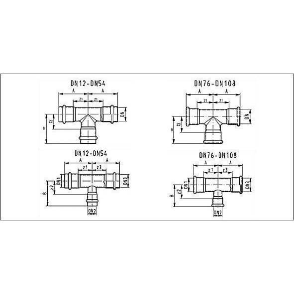 61913010842108 SANHA 19130 пресс.-фит. без силикона тройник ВПр, нерж.сталь 108,0x42x108,0 мм  - Вид №1