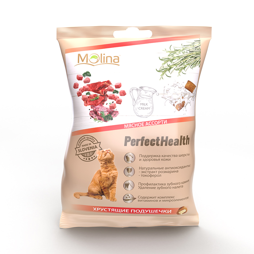 ПР0058732 Лакомство для кошек Хрустящие подушечки Мясное ассорти 50г Molina 
